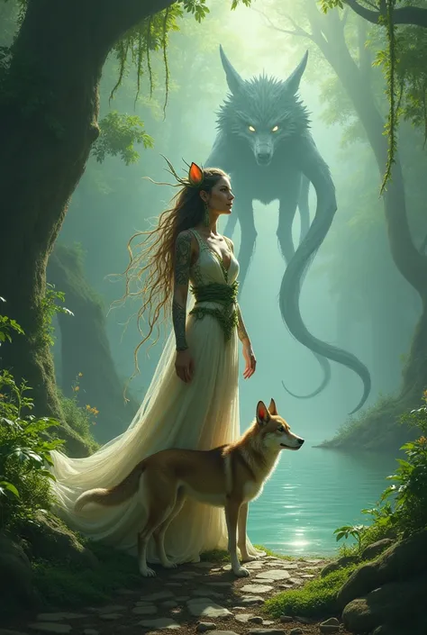 druid fairy with a wolf and a kraken