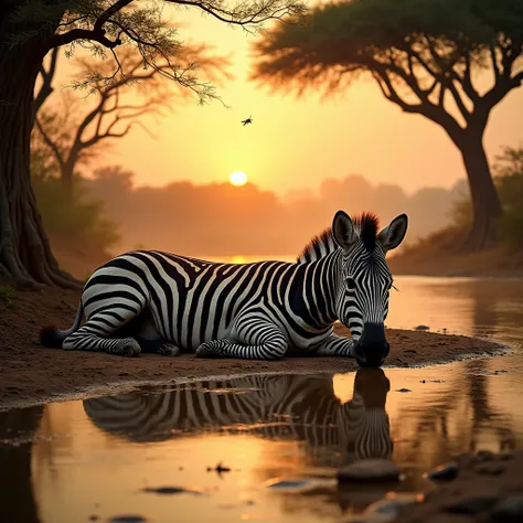 A lifeless zebra sprawled across a dry riverbed, its black-and-white striped coat sharply contrasting against the dusty, cracked...