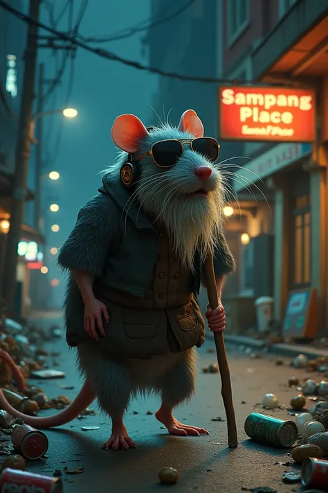 an old rat with a long beard wearing sunglasses. wearing headphones in his ears. walking hunched over using a wooden stick. on t...