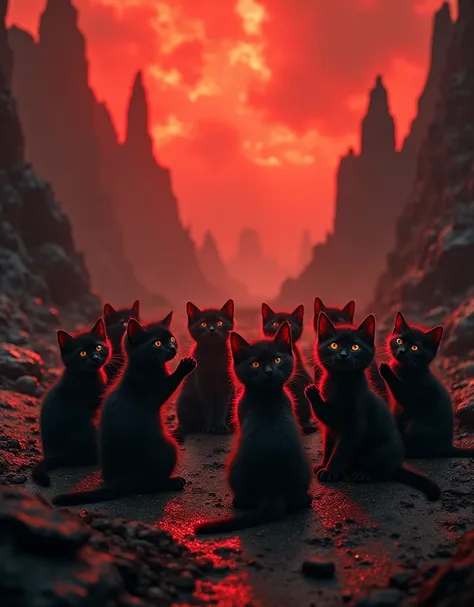 10 kittens gathering in a circle for an evil praying ritual, all kittens rising their paws, black and red hellish landscape, pho...