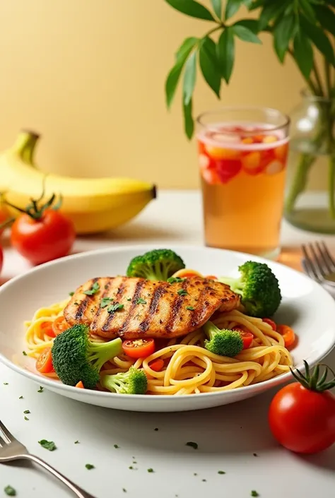 i would like to create an image of a pasta dish with grilled chicken with broccoli, carrot and tomato and a banana accompanied w...