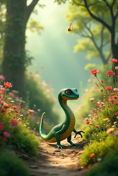 a snake with short legs in a beautiful garden