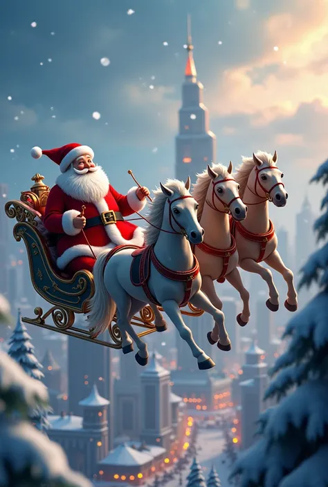 santa claus is flying in a sleigh with three horses over the city