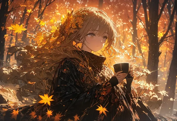 a beautiful anime girl, extremely detailed face and eyes, long eyelashes, wearing a cozy knitted sweater, holding a steaming cup...