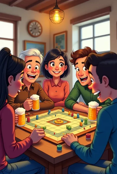 create cartoon image of people playing boardgames and drinking beer