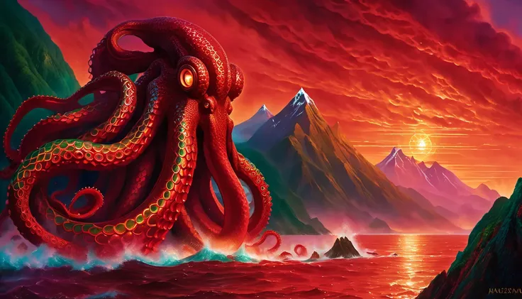 an enormous red octopus with shimmering emerald scales, coiled around a jagged mountain peak that juts out of a calm, mirror-lik...