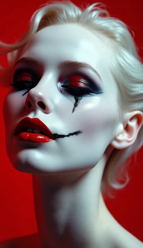 A hauntingly Harley Quin surreal close-up portrait of a pale, androgynous figure with sharp, otherworldly features. The skin is ...