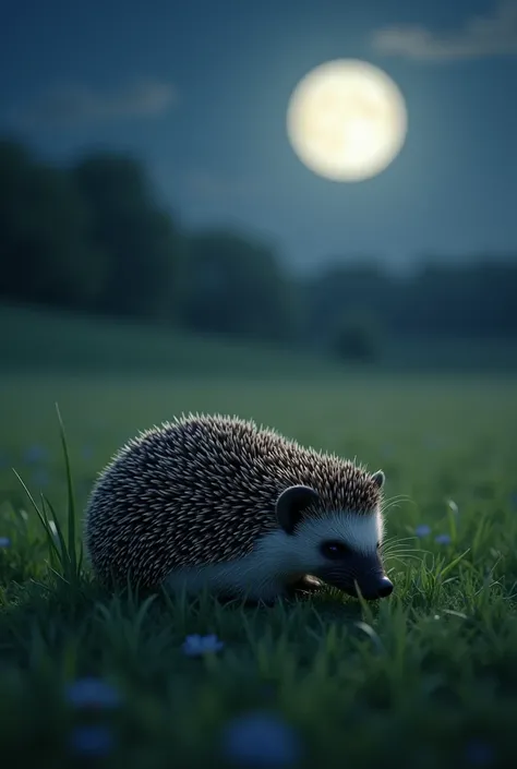 the hedgehog goes to bed on the grass.  moon shines . photographic image, realism