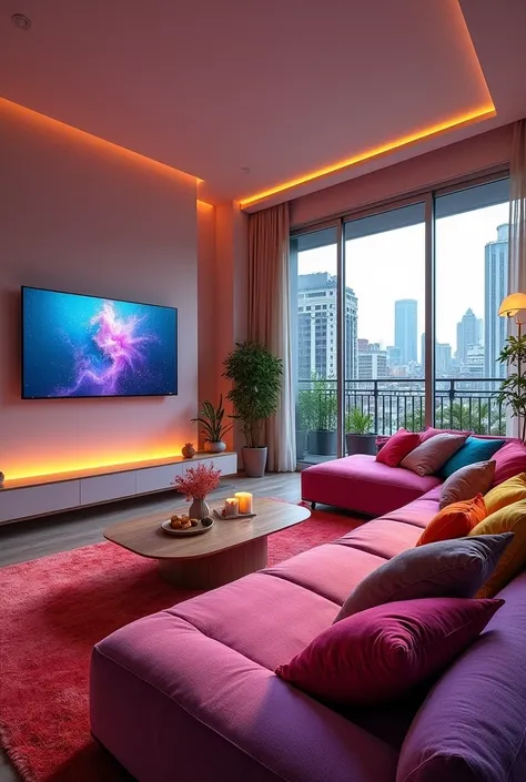 Make a 360° image of a colorful room with a TV installed on a modern panel and a choir sofa with cushions, Where in the backgrou...