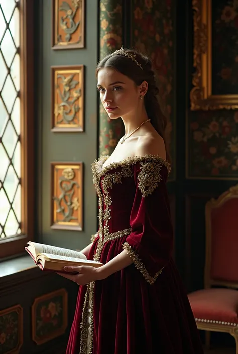 lady jane gray, a poised young woman with an aura of intelligence and grace, tudor england, wearing a finely embroidered velvet ...