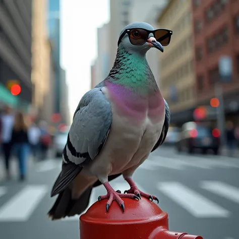  A Brazilian dove with predominantly gray feathers , but with a bluish and greenish head . The dove is wearing a pair of Oakley ...