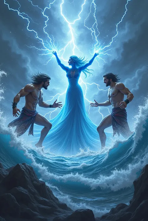 2 male thunder goddes fighting a blue female sea goddess