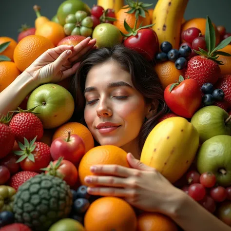 a huge pile of various fruits, with a woman's face, body and hands in the center., high detail, depth of field, masterpiece, acc...