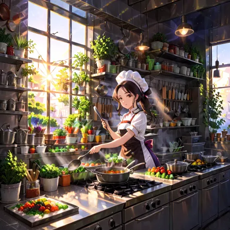 Image is a digital illustration featuring an anime-style character in a kitchen setting. The character is a young woman with fai...