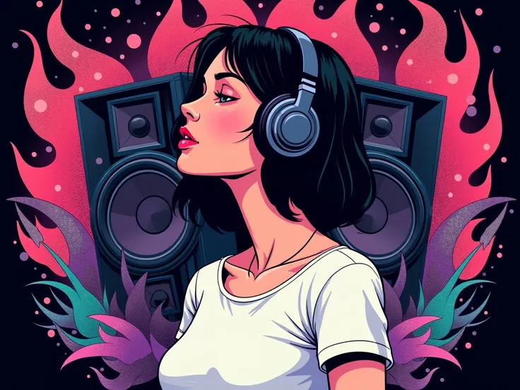 woman in headphones, profile view,  listening to music.  vibrant, stylized illustration of a young woman, wearing headphones and...