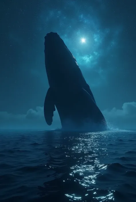 a massive whale silhouetted against a shimmering, star-filled ocean, its song rippling the surface.