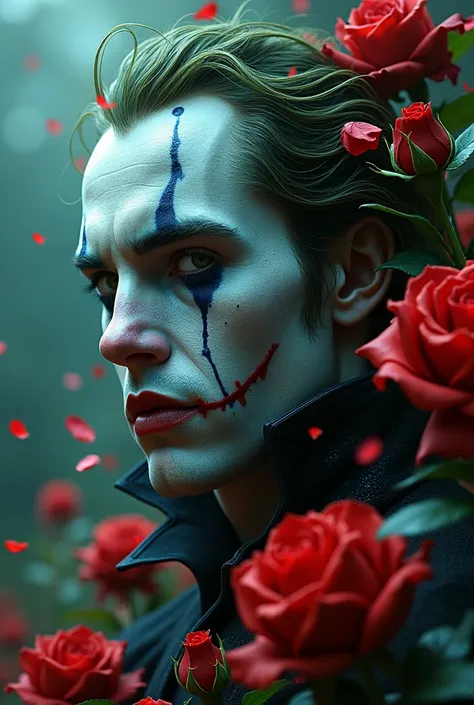 vampire with pale face and blue constellations tatooed at his face. in an blooming petals tempest, with swirling petals and rose...