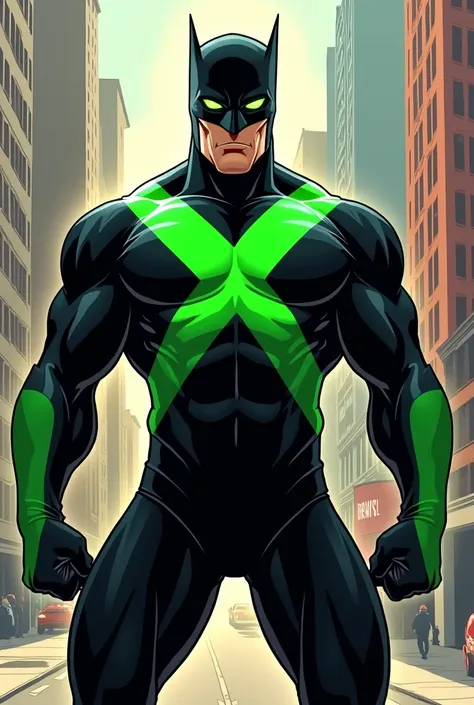 draw me a superhero with black pantyhose and a big green x on his chest