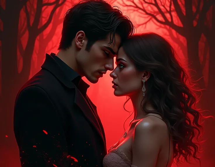 Create a dark, sensual, and mysterious book cover for a vampire romance novel. The background should be deep red and black, symb...