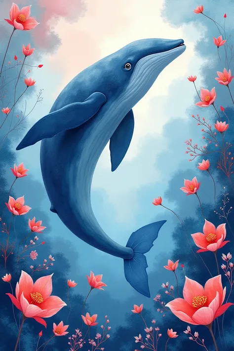 whale with many flowers with a wave surrounding it ,  all watercolored in light blue colors  , dark blue and red background