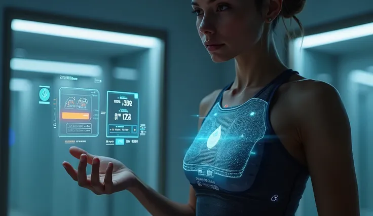 a futuristic wearable chest patch, sleek and barely noticeable, constantly tracking and transmitting heart rates, oxygen levels,...