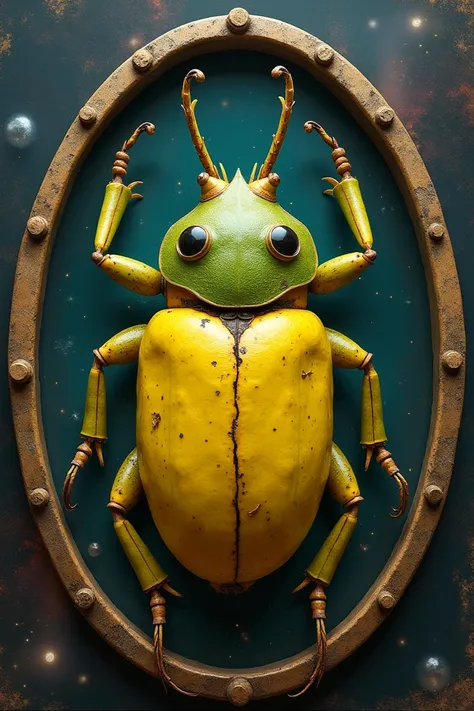 Beetle made from bananas and lemons, cucumber texture, cosmic style, steampunk image, oval form with rustic frame 