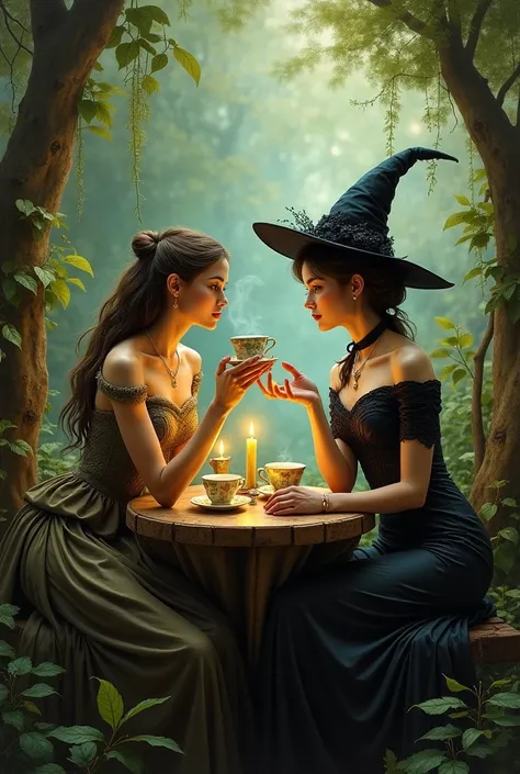 a realistic painting from the victorian era , a very pretty witch , with a hat and a very pretty fairy in a tight dress,  in the...