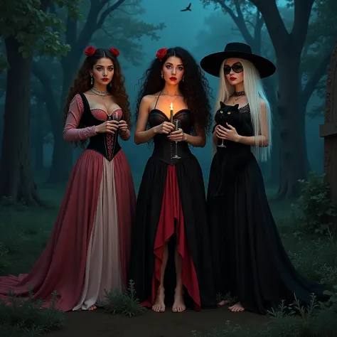 create an original image depicting three women in a cemetery at night , with a retro aesthetic from the 1990s .  as women must b...