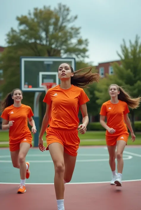 beautiful college girls in orange tees and shorts playing basketball, realistic image