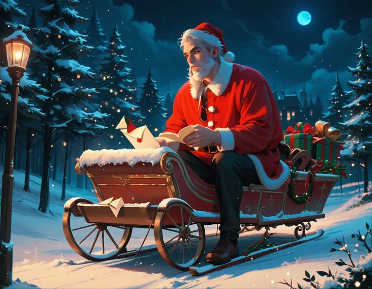 (1male, solo, (he's reading a letter)) (male is (santa claus), (long white beard) ), (christmas, outdoor, sleigh, night, moonlig...