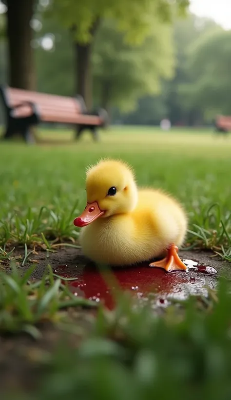 a cute little duckling lying helplessly on the ground in a quiet park, its soft yellow feathers stained with blood. its tiny bod...