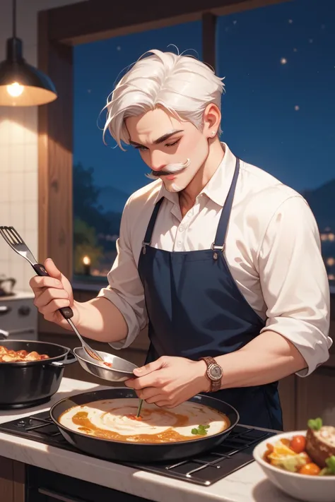 1 guy young ,  cook ,  white hair , is preparing, night in the background,  mustache in the form of a spanish woman