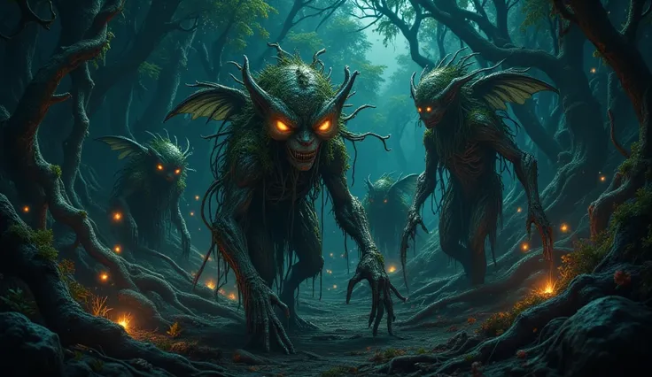 in a dark and mysterious forest, ancient, humanoid creatures emerge, seamlessly blending with their surroundings. these beings a...