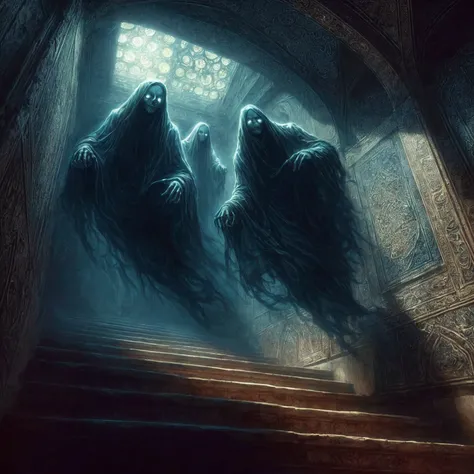 three ghostly looking figures are hovering in a dark stairwell, ghostly spirits, eerie nostalgic concept art, ghosts, ghostly fi...