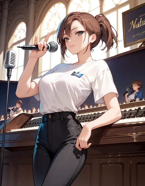 (( best quality)), ((masterpiece)), ( details),anime, girl, sexy, erotic , holding a microphone , white shirt, black pants,brown...