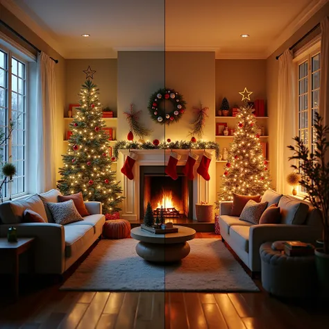 Before-and-after images of a cozy living room transformation with decorations and without decorations for christmas.
