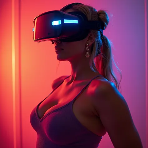 buluptuous woman with virtual reality glasses ( movie style strong colors