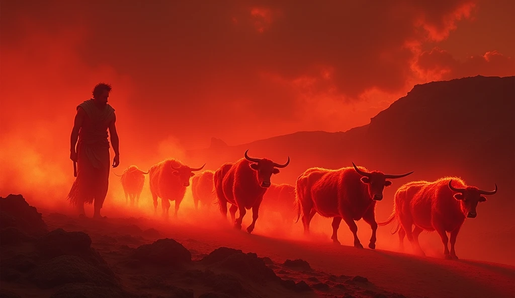 A vivid image of Hercules herding the glowing red cattle of Geryon across the surreal crimson terrain of Erytheia. The cattle, ...
