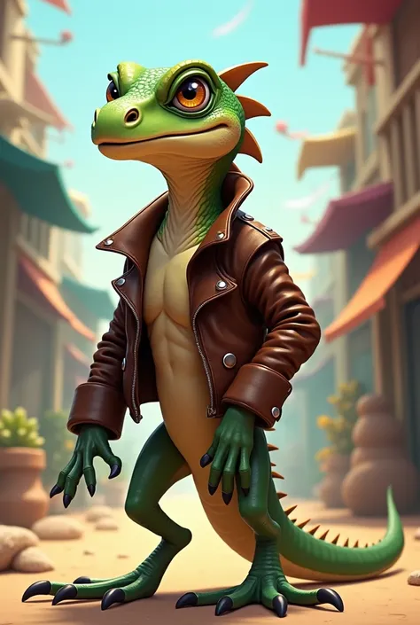 Anthropomorphic monitor lizard wearing the leather jacket cartoon
