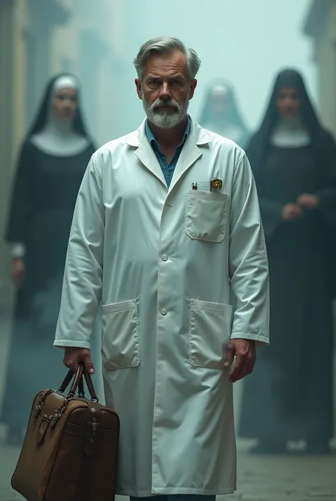 male doctor in gown with doctor bag.  background in blow mode a nun, a priest and a witch