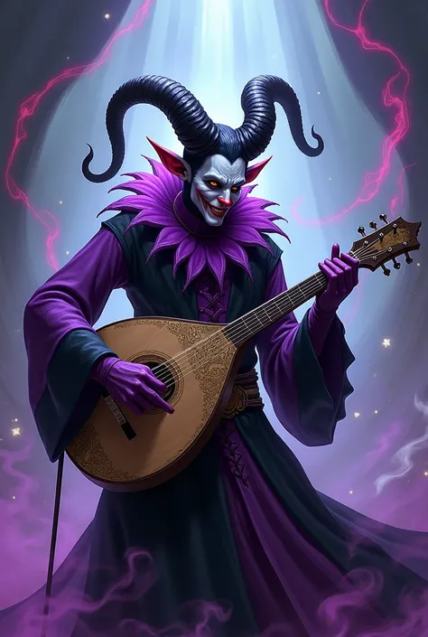 man Tiefling race bard with lute a purple and black outfit style of clown in arcane style