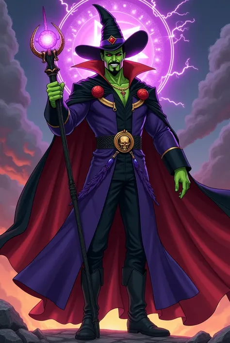 2d marvel comic artstyle, dr strange as a wicked wizard, evil smile, thick crooked eyebrows, green skinned, red eyes, tall, amer...