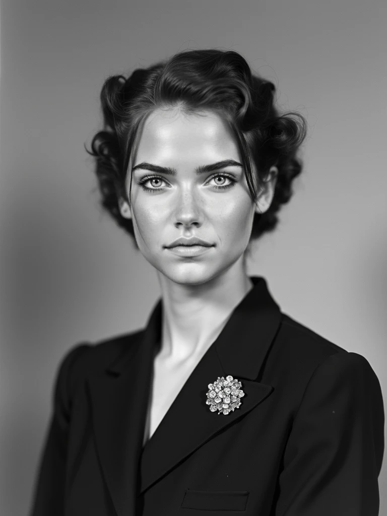 a formal black-and-white passport photo of a young woman in her early 20s, wearing a sharply tailored suit with a modest brooch ...