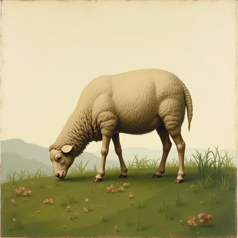 early renaissance-style image, of a sheep eating grass with no background