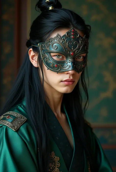 an intricate fantasy full-body portrait of a mysterious Korean handsome man covering the left side of his face with an ornate me...