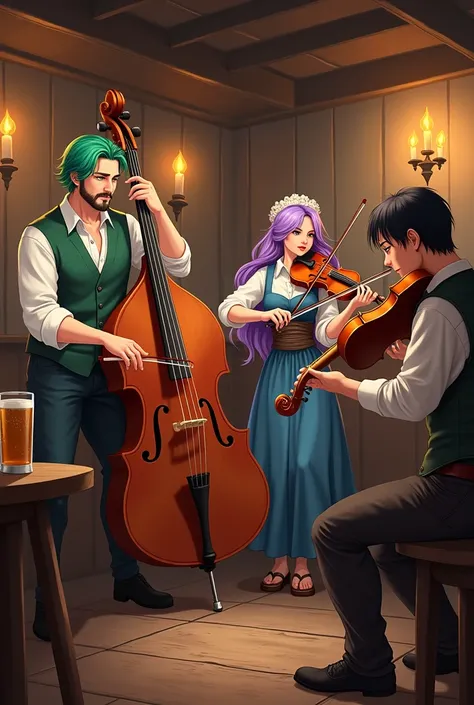 the guy with green hair plays the double bass ,  girl with purple hair plays the balalaika , girl with white hair plays the viol...