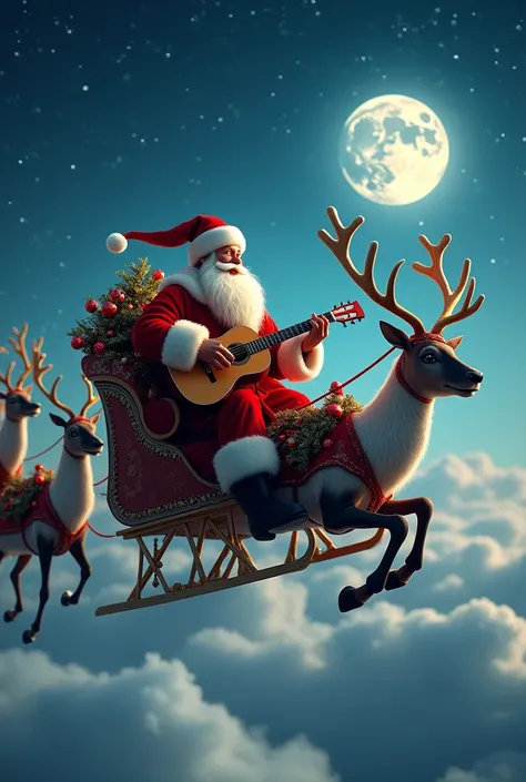 santa claus, in the sleigh pulled by reindeer, flown above the clouds on a starry night with a full moon, in a happy attitude pl...