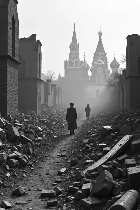 world war ii. moscow in ruins. the kremlin wall is visible in the background.