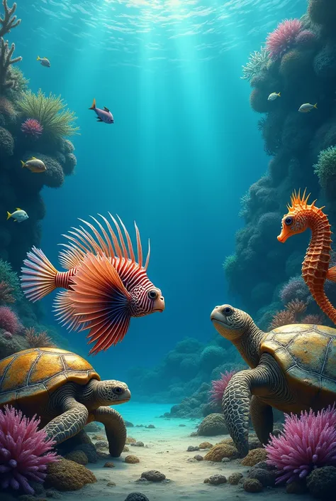 a realistic drawing of a meeting ,  next to reefs in a blue sea ,  with a lionfish with majestic fins, a seahorse ,  a turtle wi...