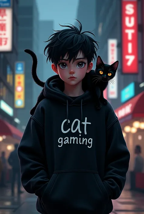 a boy wearing a black hoodie with a black cat on his shoulders, with the words "cat gaming" written on it